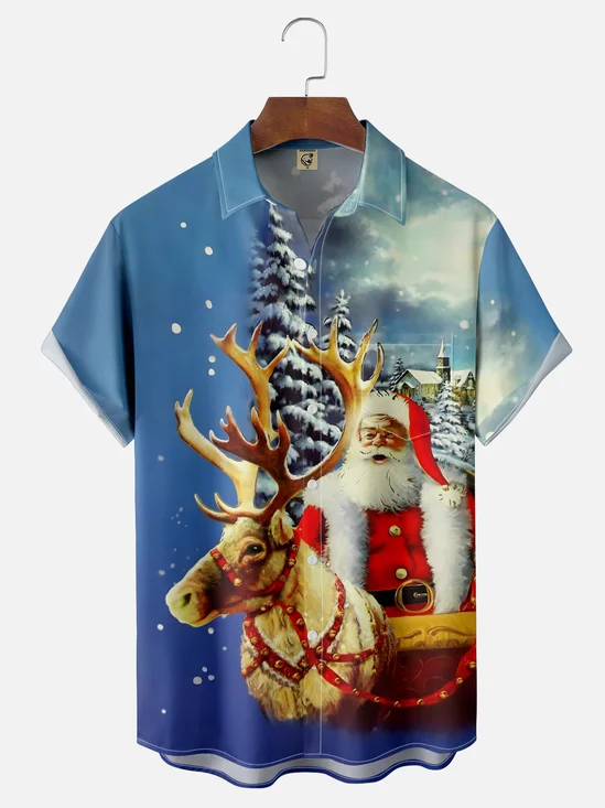 Moisture-wicking Christmas Santa Claus Reindeer Chest Pocket Casual Shirt