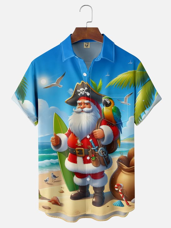 Moisture-wicking Christmas Pirate Santa Claus Parrots Chest Pocket Casual Shirt