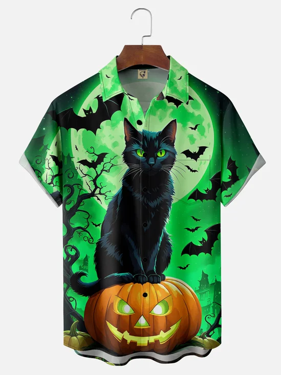 Moisture-Wicking Gradient Halloween Black Cat Pumpkin Bat Chest Pocket Hawaiian Shirt