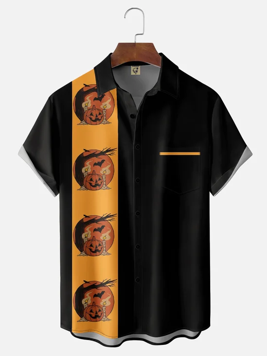 Moisture-Wicking Halloween Pumpkin Bat Chest Pocket Bowling Shirt