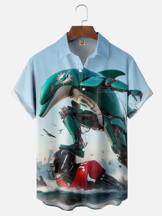 Moisture-wicking American Football Miami Art Dolphins Chest Pocket Casual Shirt