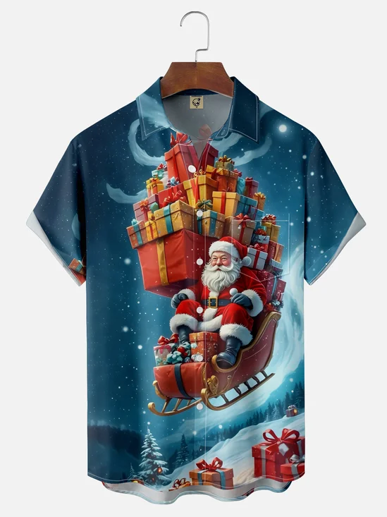 Moisture-wicking Christmas Santa Claus Chest Pocket Casual Shirt