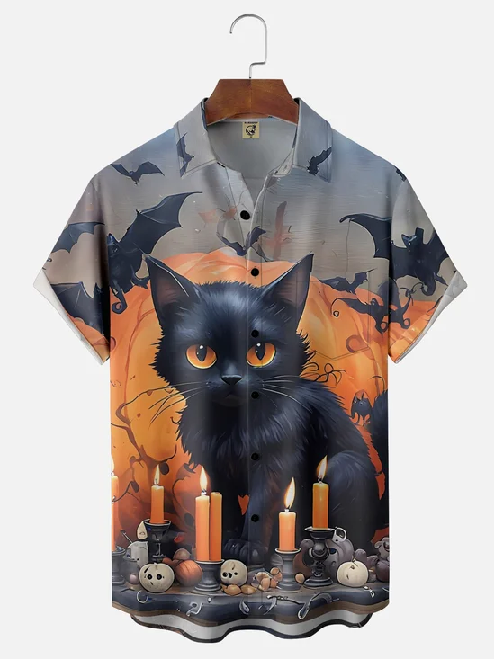 Moisture Wicking Halloween Black Cat Pumpkin Skull Chest Pocket Hawaiian Shirt