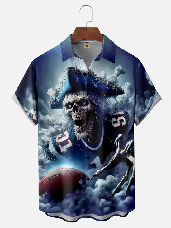MoistureWicking Gradient Skull and Crossbones Football Chest Pocket Hawaiian Shirt