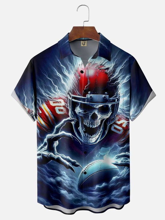 MoistureWicking Gradient Skull and Crossbones Football Chest Pocket Hawaiian Shirt