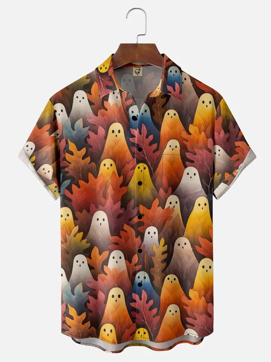 Moisture-Wicking Halloween Ghost Chest Pocket Hawaiian Shirt