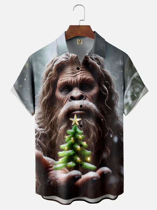 Moisture-wicking Christmas Bigfoot Christmas Tree Fun Chest Pocket Casual Shirt