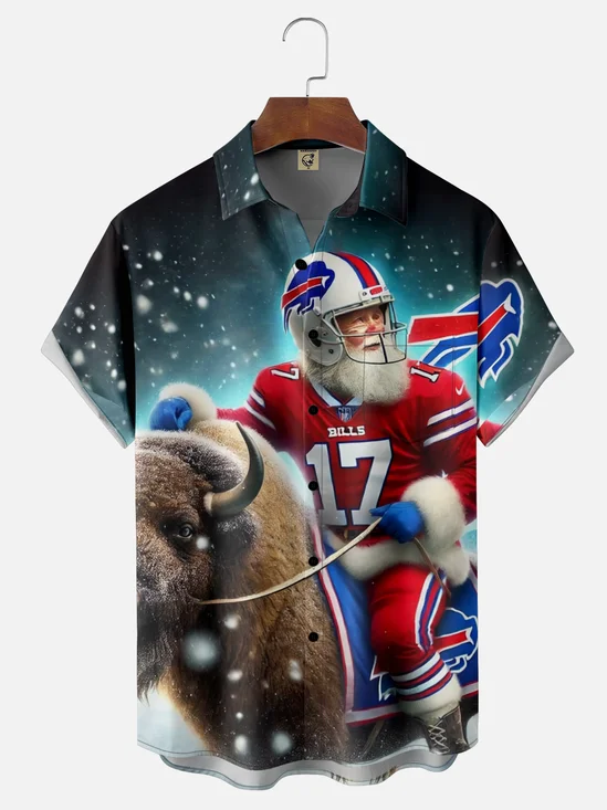 Moisture Wicking Football Game Buffalo Bills Santa Chest Pocket Hawaiian Shirt