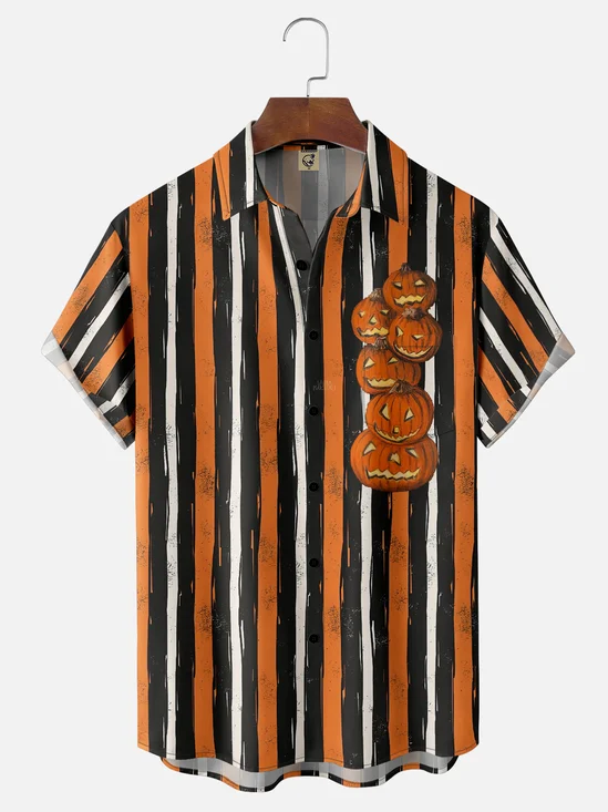 Moisture-Wicking Halloween Striped Pumpkin Chest Pocket Hawaiian Shirt