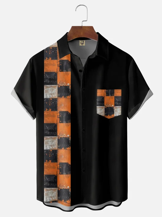 Moisture-Wicking Halloween Color Block Chest Pocket Bowling Shirt