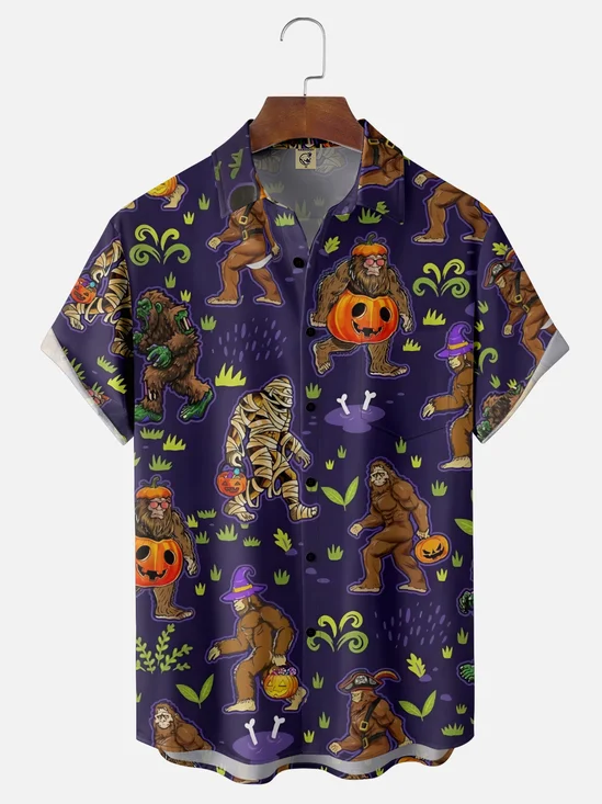 Moisture-wicking Halloween Bigfoot Pumpkin Chest Pocket Casual Shirt