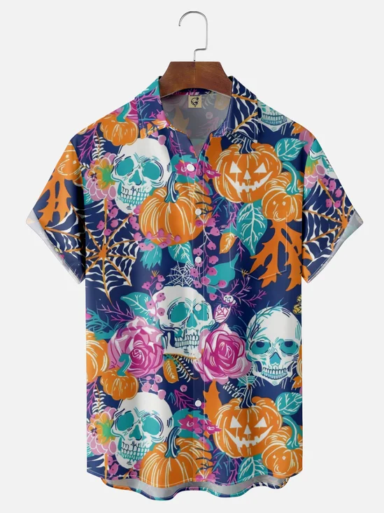 Moisture-wicking Halloween Pumpkin Skull Chest Pocket Casual Shirt