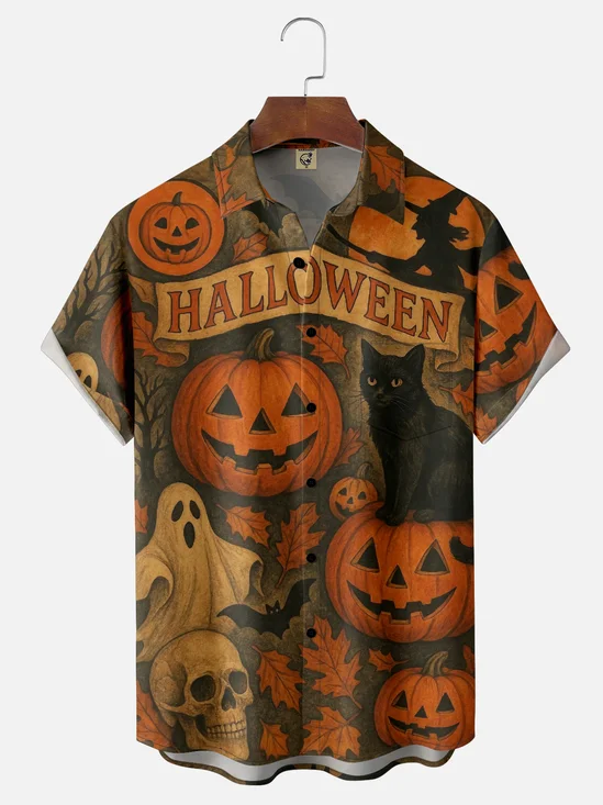 Moisture-wicking Halloween Pumpkin Cat Ghost Chest Pocket Casual Shirt