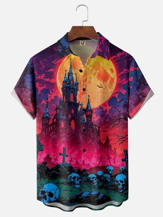 Moisture-wicking Halloween Castle Skeleton Chest Pocket Casual Shirt