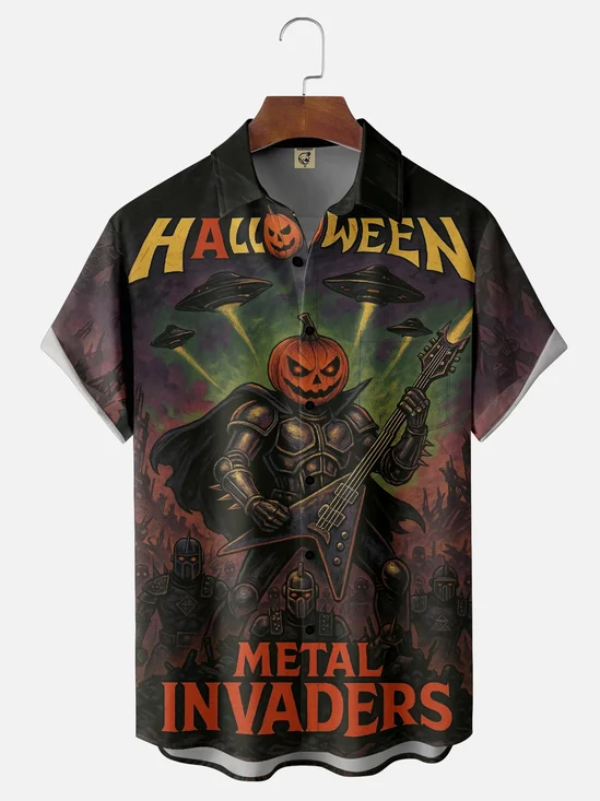 Moisture-wicking Halloween Music Rock Guitar Chest Pocket Casual Shirt