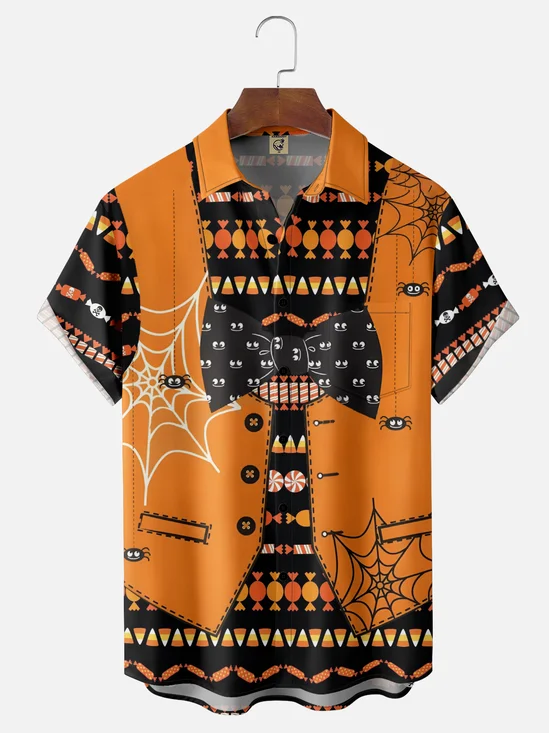 Moisture-wicking Halloween Spider Candy Chest Pocket Casual Shirt