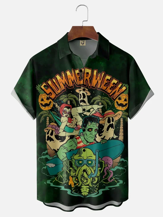 Moisture-wicking Halloween Ghost Surfing Coconut Tree Chest Pocket Casual Shirt