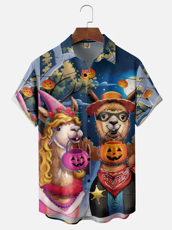 Moisture-Wicking Halloween Pumpkin Alpaca Chest Pocket Hawaiian Shirt