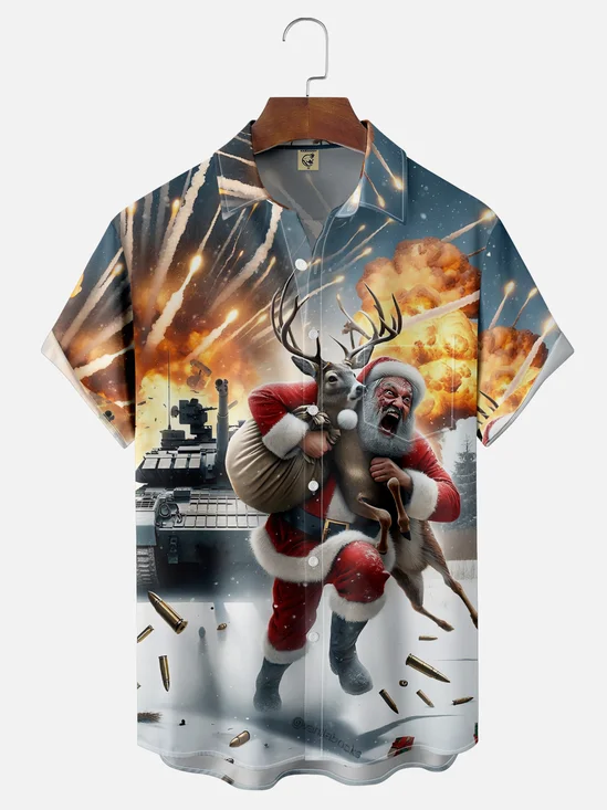 Moisture Wicking Christmas Army Santa Chest Pocket Hawaiian Shirt