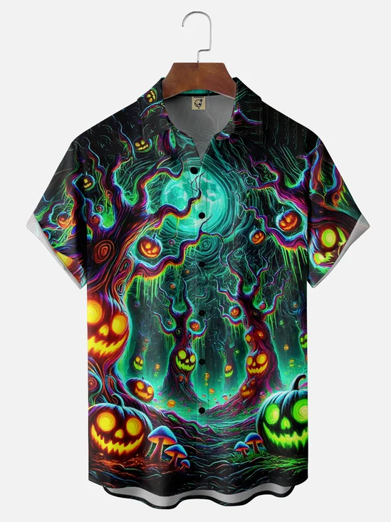 Moisture-wicking Halloween Pumpkin Evil Woods Art Chest Pocket Casual Shirt