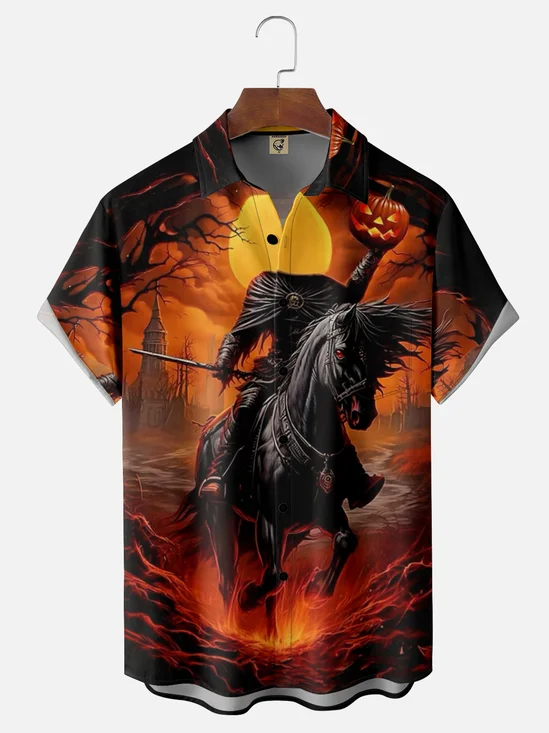 Moisture-wicking Halloween Pumpkin Headless Horseman Chest Pocket Casual Shirt