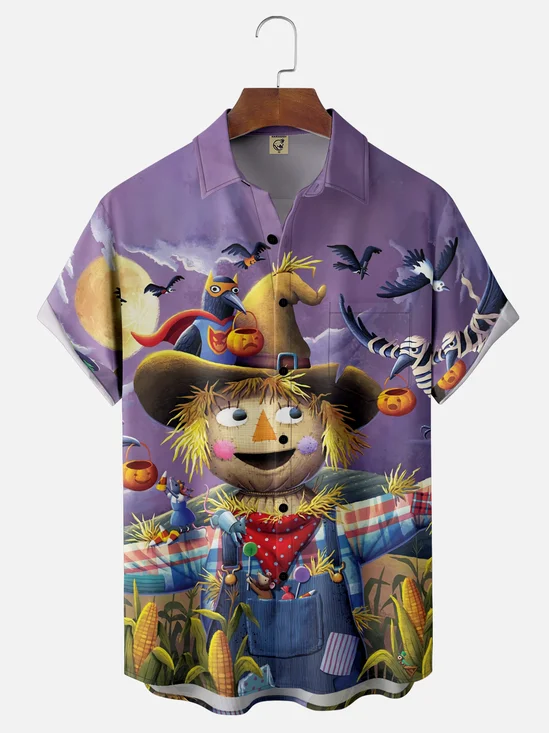 Moisture-Wicking Halloween Pumpkin Scarecrow Crow Surfer Chest Pocket Hawaiian Shirt