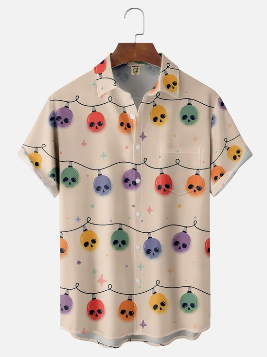 Moisture-wicking Halloween Christmas Skull Light Strip Chest Pocket Casual Shirt