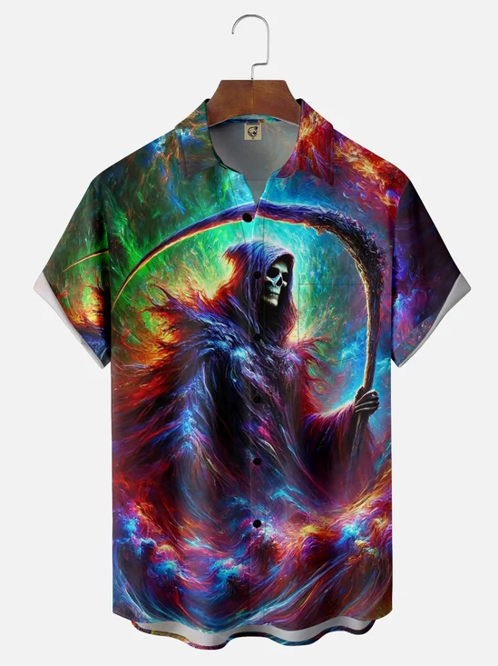 Moisture-wicking Halloween Grim Reaper Art Fun Chest Pocket Casual Shirt