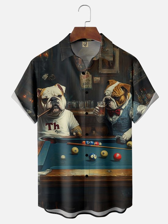 Moisture-wicking Funny Dog Billiards Illustration Art Chest Pocket Casual Shirt