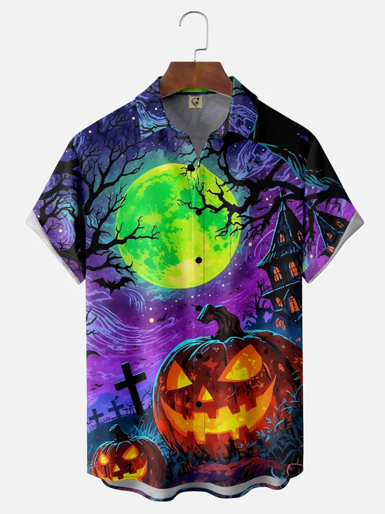 Moisture-wicking Halloween Pumpkin Graveyard Fun Chest Pocket Casual Shirt
