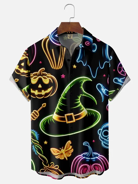 Moisture-wicking Halloween Pumpkin Witch Hat Fun Chest Pocket Casual Shirt