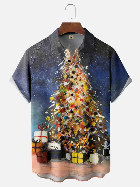 Moisture-wicking Christmas Tree Art Light Strip Chest Pocket Casual Shirt