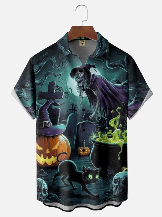Moisture-wicking Halloween Pumpkin Witch Fun Chest Pocket Casual Shirt