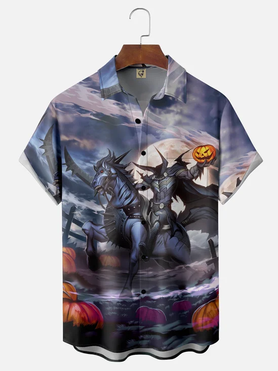 Moisture-wicking Halloween Headless Horseman Pumpkin Chest Pocket Casual Shirt