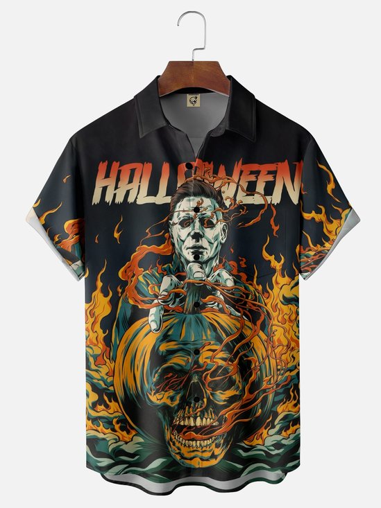 Moisture-wicking Halloween Pumpkin Chest Pocket Casual Shirt