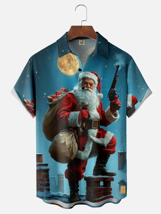 Moisture-wicking Christmas Santa Claus Chest Pocket Casual Shirt