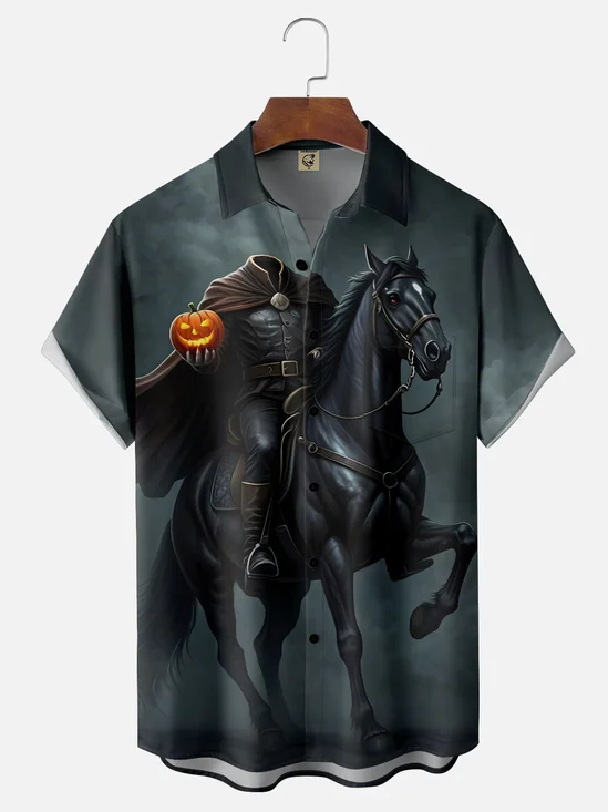 Moisture-Wicking Halloween Pumpkin Headless Horseman Chest Pocket Hawaiian Shirt
