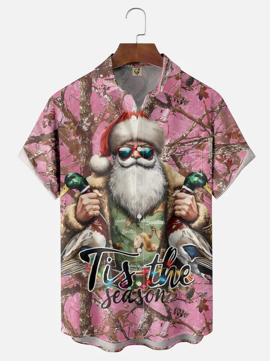 Moisture-Wicking Christmas Santa Hunting Ducks Chest Pocket Hawaiian Shirt