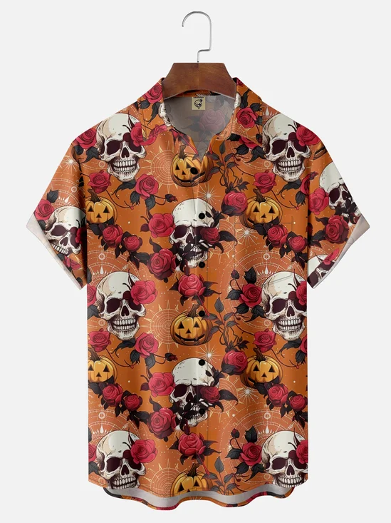 Moisture-wicking Halloween Skull Pumpkin Chest Pocket Casual Shirt