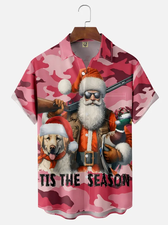 Moisture-Wicking Christmas Santa Hunting Ducks Chest Pocket Hawaiian Shirt