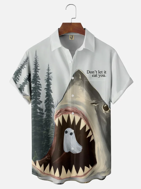 Moisture-wicking Halloween Ghost Shark Chest Pocket Casual Shirt