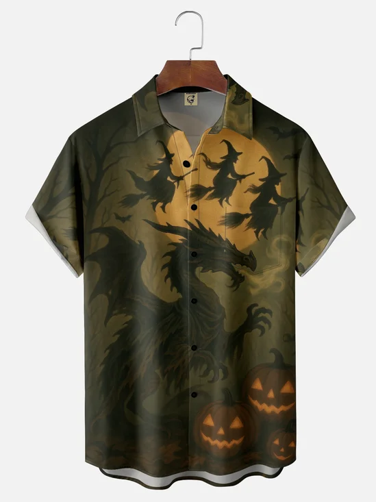 Moisture-wicking Halloween Dragon Witch Pumpkin Chest Pocket Casual Shirt