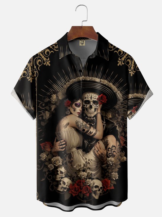 Moisture-wicking Day of the Dead Skull Rose Chest Pocket Casual Shirt