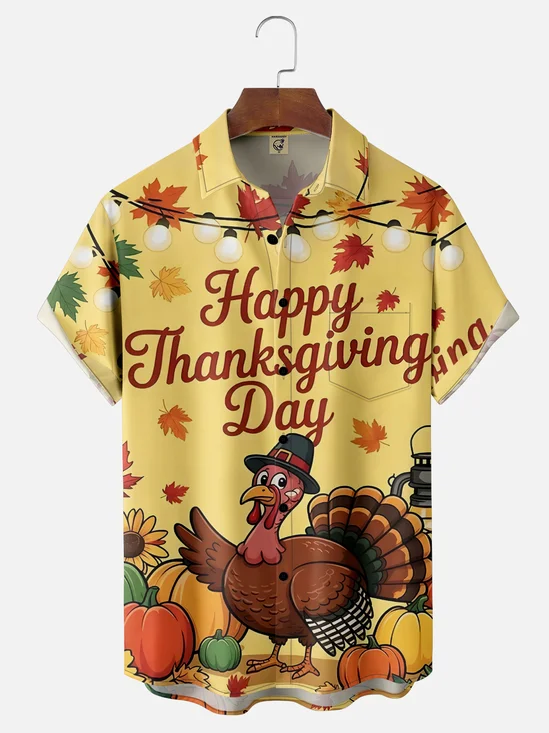 Moisture-Wicking Thanksgiving Turkey Chest Pocket Hawaiian Shirt