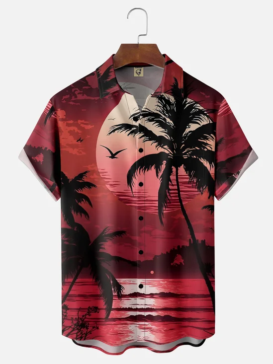 Tall Size Moisture-wicking Coconut Trees Beach Seagulls Chest Pocket Hawaiian Shirt