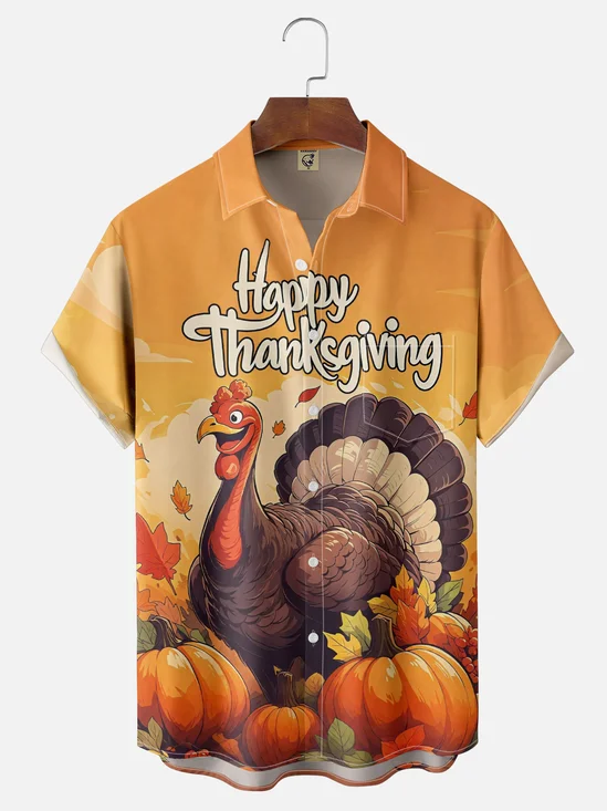 Moisture-Wicking Thanksgiving Gradient Turkey And Pumpkin Chest Pocket Hawaiian Shirt