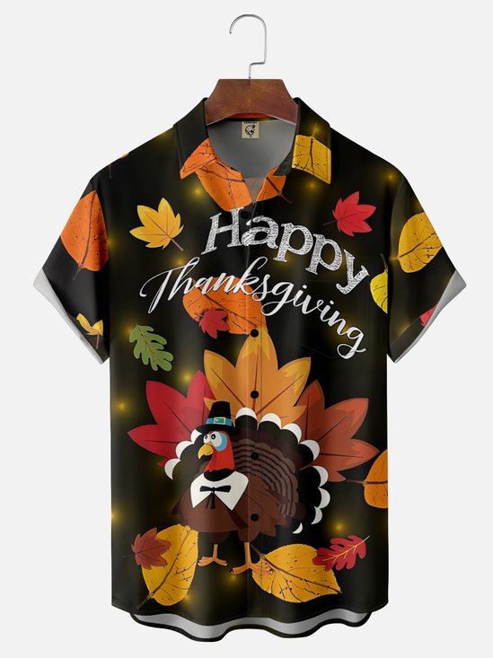 Moisture-Wicking Thanksgiving Turkey Maple Leaf Chest Pocket Hawaiian Shirt