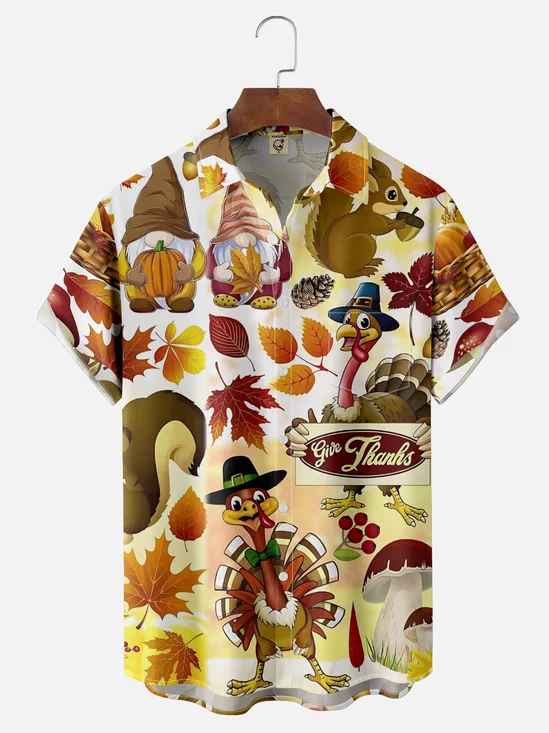 Moisture-Wicking Thanksgiving Turkey Maple Leaf Gnome Chest Pocket Hawaiian Shirt
