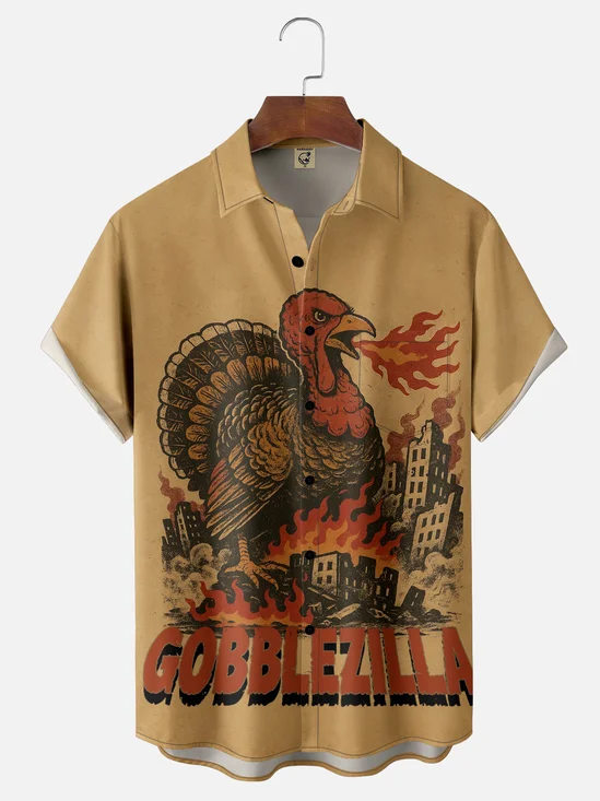Moisture-wicking Thanksgiving Turkey Gobblezilla Chest Pocket Casual Shirt