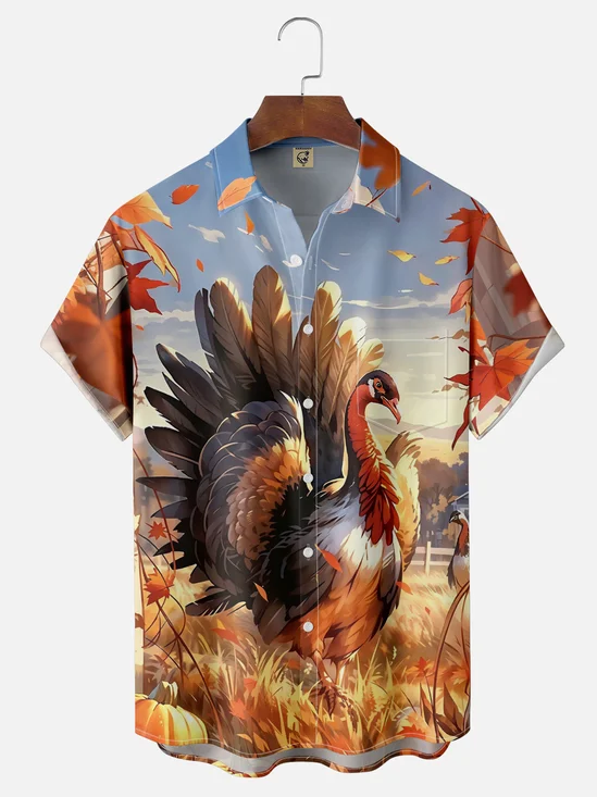 Moisture-Wicking Thanksgiving Maple Leaf Turkey Chest Pocket Hawaiian Shirt